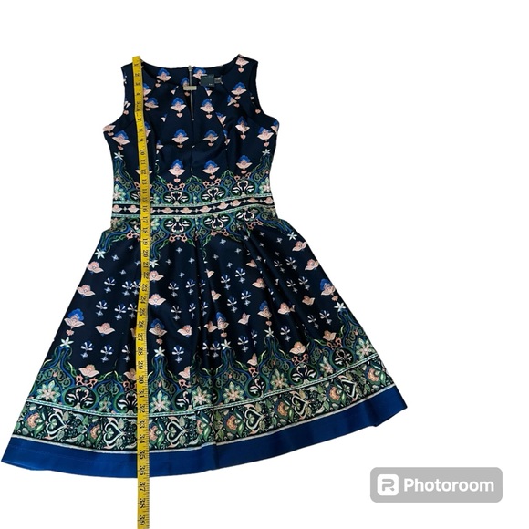 Gabby Skye Women's Patterned Dress Pleated A line sleeveless navy jewel tones 4 - Picture 6 of 11